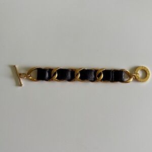 CC Skye Black Leather 18K Gold Plated Chain Link Toggle Bracelet Branded Charm